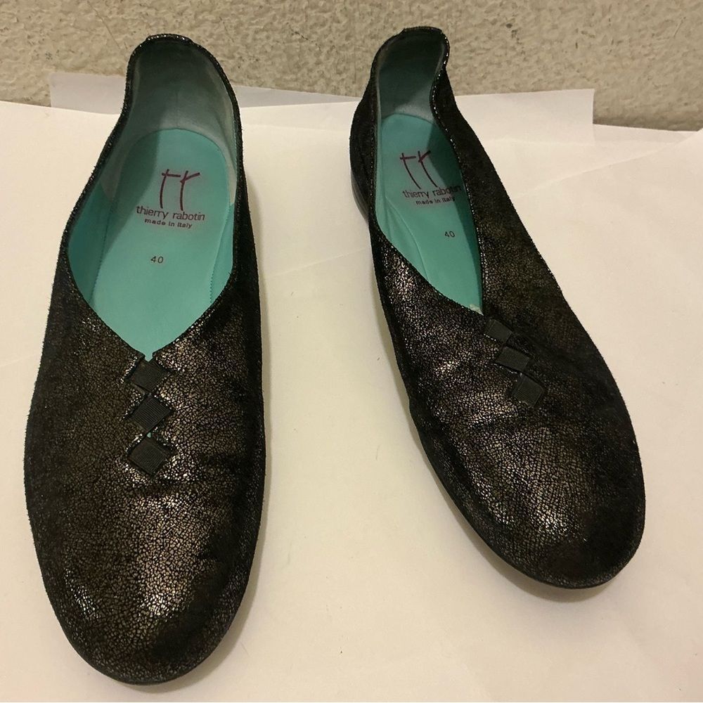 Thierry Rabotin Grace Black Metallic Textured Leather Slip-Ons with Mint Insoles